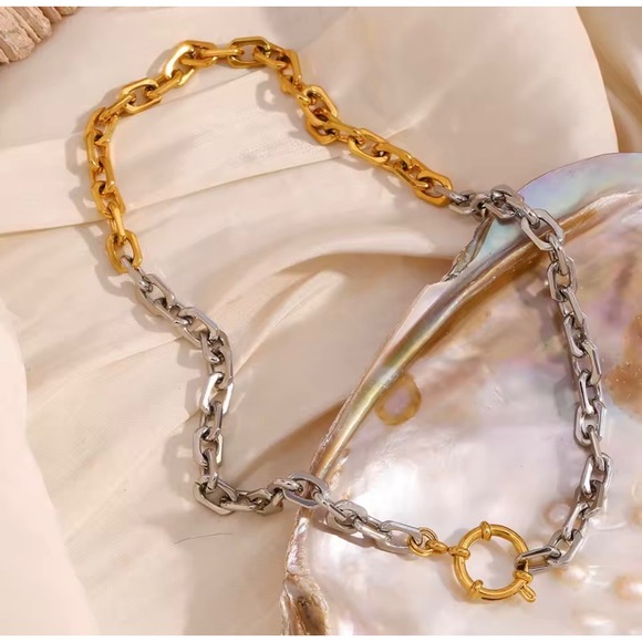 Jewelry - Two Tone Chunky Chain Link Necklace Gold Silver Mixed Metal Sailor Clasp Choker